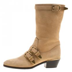 Pre Owned Chloe Beige Leather Susanna Buckle Detail Boots Size 38.5