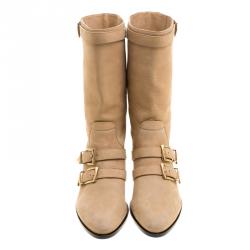 Pre Owned Chloe Beige Leather Susanna Buckle Detail Boots Size 38.5
