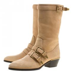 Pre Owned Chloe Beige Leather Susanna Buckle Detail Boots Size 38.5