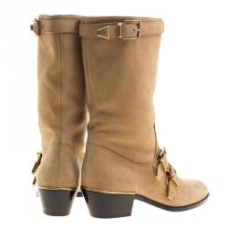 Pre Owned Chloe Beige Leather Susanna Buckle Detail Boots Size 38.5