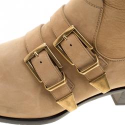 Pre Owned Chloe Beige Leather Susanna Buckle Detail Boots Size 38.5