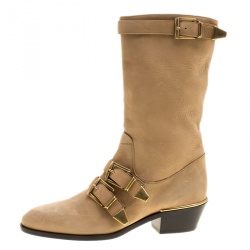 Pre Owned Chloe Beige Leather Susanna Buckle Detail Boots Size 36