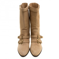 Pre Owned Chloe Beige Leather Susanna Buckle Detail Boots Size 36