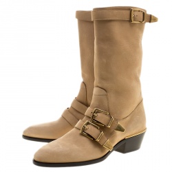 Pre Owned Chloe Beige Leather Susanna Buckle Detail Boots Size 36