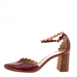 Pre Owned Chloe Burgundy Leather Lauren Scallop Trim Ankle Strap Block Heel Pumps Size 42