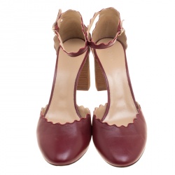 Pre Owned Chloe Burgundy Leather Lauren Scallop Trim Ankle Strap Block Heel Pumps Size 42