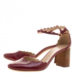 Pre Owned Chloe Burgundy Leather Lauren Scallop Trim Ankle Strap Block Heel Pumps Size 42