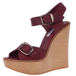 Pre Owned Chloe 60th Anniversary Maroon Leather Wooden Wedge Sandals Size 38.5