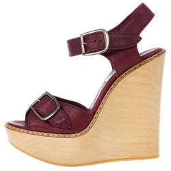 Pre Owned Chloe 60th Anniversary Maroon Leather Wooden Wedge Sandals Size 38.5