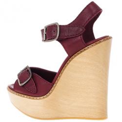 Pre Owned Chloe 60th Anniversary Maroon Leather Wooden Wedge Sandals Size 38.5