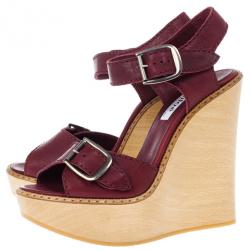 Pre Owned Chloe 60th Anniversary Maroon Leather Wooden Wedge Sandals Size 38.5