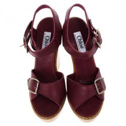 Pre Owned Chloe 60th Anniversary Maroon Leather Wooden Wedge Sandals Size 38.5