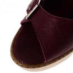 Pre Owned Chloe 60th Anniversary Maroon Leather Wooden Wedge Sandals Size 38.5