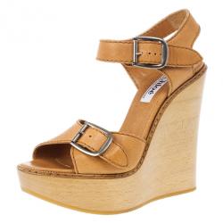 Pre Owned Chloe 60th Anniversary Beige Leather Wooden Wedge Sandals Size 38.5