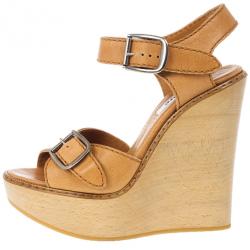 Pre Owned Chloe 60th Anniversary Beige Leather Wooden Wedge Sandals Size 38.5