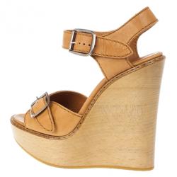 Pre Owned Chloe 60th Anniversary Beige Leather Wooden Wedge Sandals Size 38.5