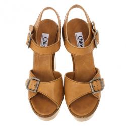 Pre Owned Chloe 60th Anniversary Beige Leather Wooden Wedge Sandals Size 38.5