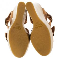 Pre Owned Chloe 60th Anniversary Beige Leather Wooden Wedge Sandals Size 38.5