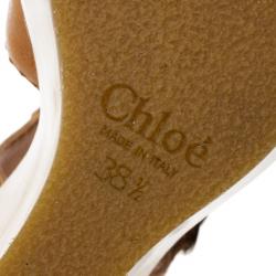 Pre Owned Chloe 60th Anniversary Beige Leather Wooden Wedge Sandals Size 38.5