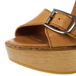 Pre Owned Chloe 60th Anniversary Beige Leather Wooden Wedge Sandals Size 38.5