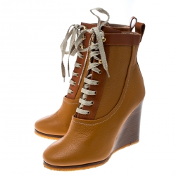 Chloe Brown Leather Lace Up Wedge Ankle Boots Size 38