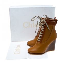 Chloe Brown Leather Lace Up Wedge Ankle Boots Size 38