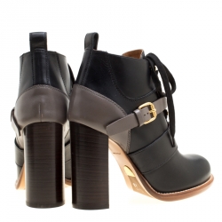 Chloe Two Tone Leather Block Heel Lace Up Ankle Boots Size 36
