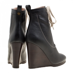 Pre Owned Chloe Black Leather Lace Up Wedge Ankle Boots Size 38