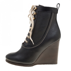 Pre Owned Chloe Black Leather Lace Up Wedge Ankle Boots Size 38
