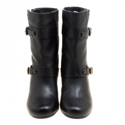 Pre Owned Chloe Black Leather Double Buckle Ankle Boots Size 38.5