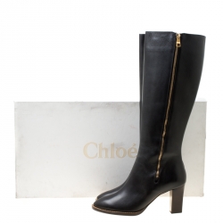 Pre Owned Chloe Black Leather Block Heel Knee High Boots Size 40