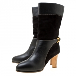 Pre Owned Chloe Black Suede and Leather Renna Block Heel Calf Boots Size 40