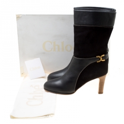 Pre Owned Chloe Black Suede and Leather Renna Block Heel Calf Boots Size 40
