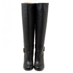 Pre Owned Chloe Black Leather Buckle Detail Knee Boots Size 38.5