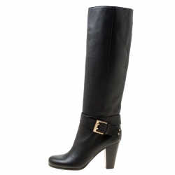 Pre Owned Chloe Black Leather Buckle Detail Knee Boots Size 38.5