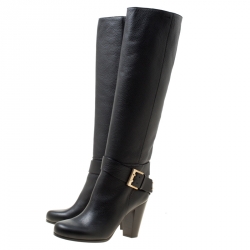Pre Owned Chloe Black Leather Buckle Detail Knee Boots Size 38.5