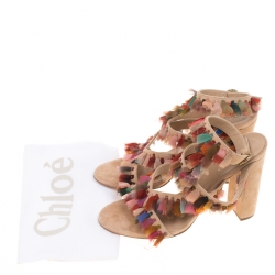 Chloe Multicolor Silk Tassel Liz Block Heel Ankle Cuff Peep Toe Sandals Size 37