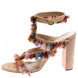 Chloe Multicolor Silk Tassel Liz Block Heel Ankle Cuff Peep Toe Sandals Size 37.5