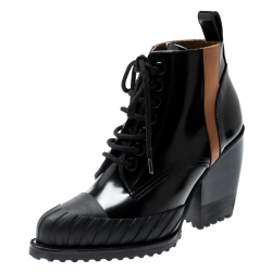 Chloé Black Leather Rylee Rubber Cap Toe Lace Up Ankle Boots Size 36