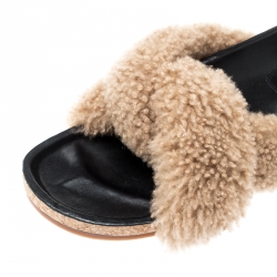 Pre Owned Chloe Brown Shearling Wool Knotted Slip On Slides Size 41