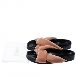 Pre Owned Chloe Beige Velvet Knotted Slip On Flats Slides Size 38