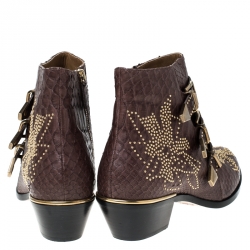 Pre Owned Chloe Brown Python Leather Susanna Embellished Ankle Boots Size 41