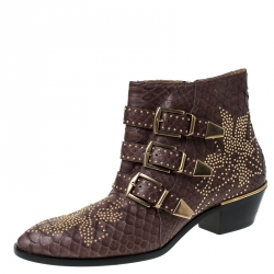 Pre Owned Chloe Brown Python Leather Susanna Embellished Ankle Boots Size 41