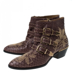 Pre Owned Chloe Brown Python Leather Susanna Embellished Ankle Boots Size 41