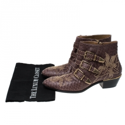 Pre Owned Chloe Brown Python Leather Susanna Embellished Ankle Boots Size 41