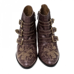 Pre Owned Chloe Brown Python Leather Susanna Embellished Ankle Boots Size 41