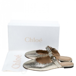 Pre Owned Chloe Silver Foil Leather Lauren Buckle Strap Flat Mules Size 40
