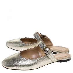 Pre Owned Chloe Silver Foil Leather Lauren Buckle Strap Flat Mules Size 40
