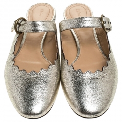 Pre Owned Chloe Silver Foil Leather Lauren Buckle Strap Flat Slides Size 39.5