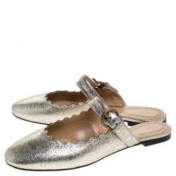 Pre Owned Chloe Silver Foil Leather Lauren Buckle Strap Flat Slides Size 39.5